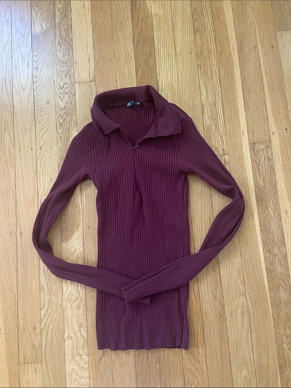 Zara Ribbed Long-Sleeve Polo Top in Burgundy